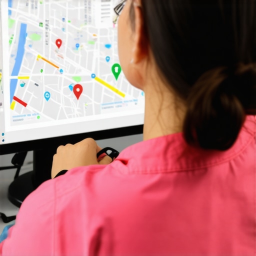 Business owner examining maps and SEO data on a digital screen