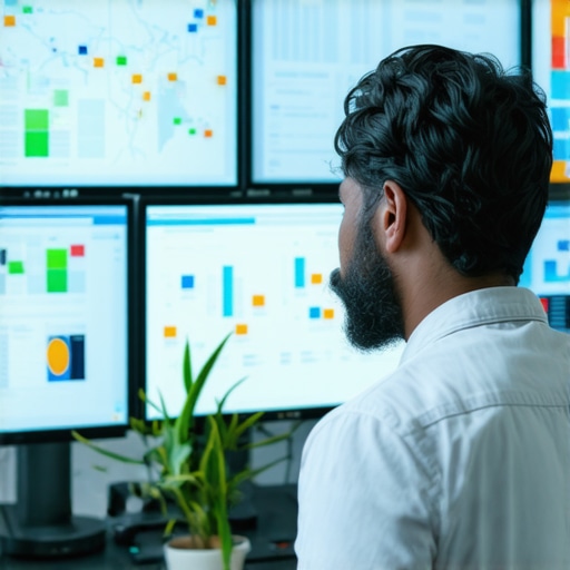 Data-Driven Local SEO Analysis Business owner analyzing local SEO metrics on screens