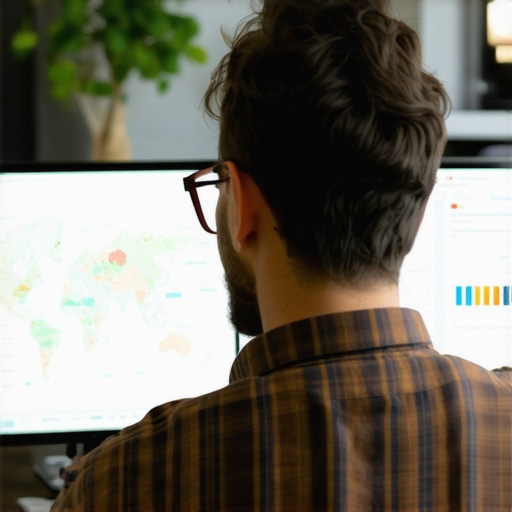 Digital marketer reviewing local SEO analytics and maps on a computer.