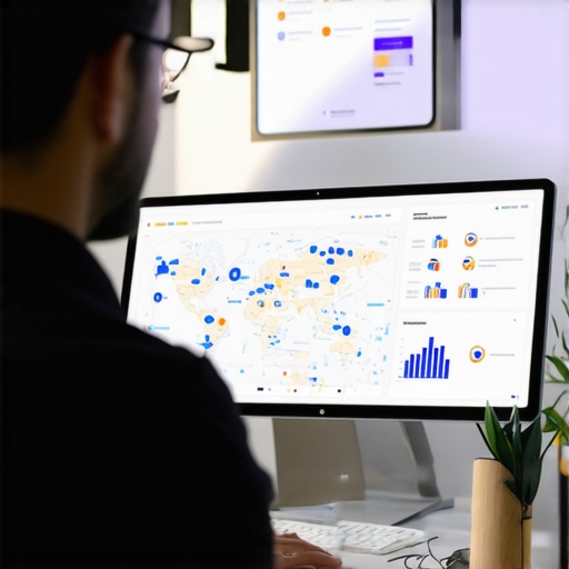 Digital marketer reviewing local SEO maps and analytics on screen.
