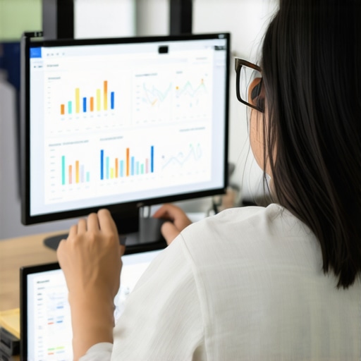 Analyzing GMB Data for Optimization A marketer reviewing GMB performance data on computer screens with charts and maps.