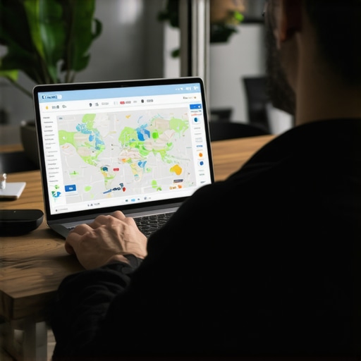 Person working on local SEO optimization using maps and ranking tools at a modern desk.