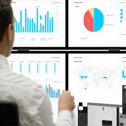 A data analyst analyzing local SEO performance using multiple screens with maps and charts