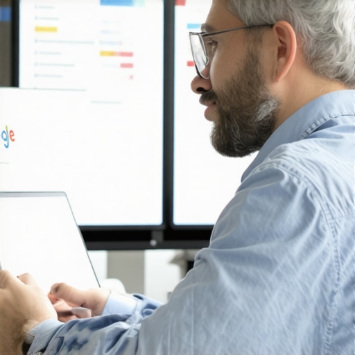 Business owner analyzing local SEO performance using optimization tools on a computer.