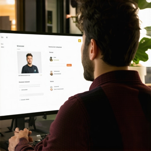 Business owner reviewing Google My Business profile on computer with data and images.