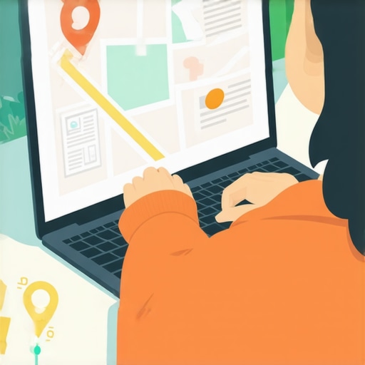 Person analyzing local SEO data on a laptop with maps optimization icons.