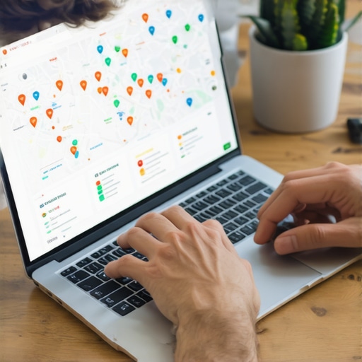SEO specialist reviewing maps and local search data on a laptop.