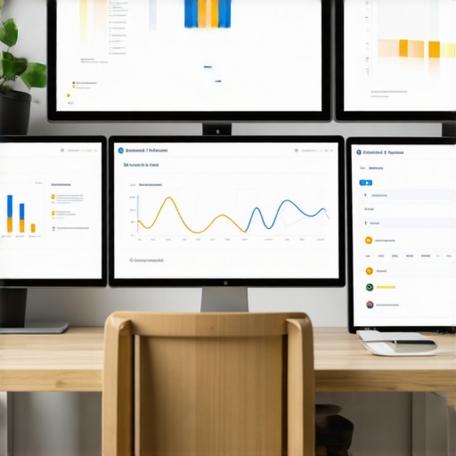 Digital Workspace with SEO Tools Computer monitor displaying SEO dashboards and analytics tools for local search optimization.