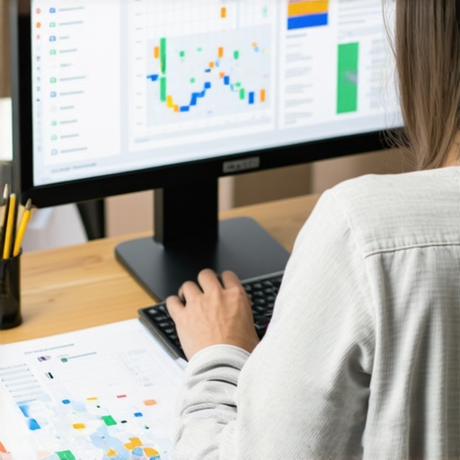 Person analyzing maps audit reports and SEO tools on a monitor for local SEO maintenance.