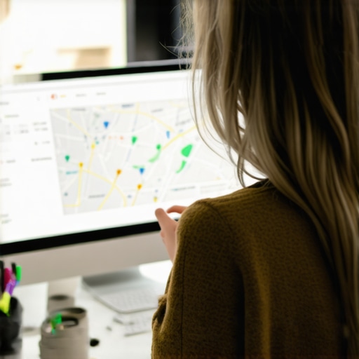 Individual analyzing Google My Business listings and map positioning with technical tools.