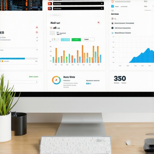 SEO Dashboard for GMB Maintenance A person analyzing local SEO metrics on a computer monitor with maps optimization data.