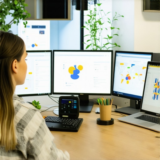 A person working with advanced maps and local SEO analytics tools in a modern office setting