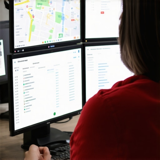 Person reviewing multiple screens with maps and spam detection analytics.
