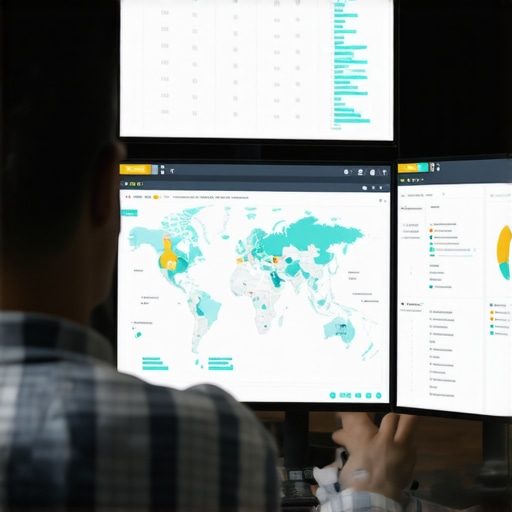 A person reviewing local SEO dashboards and maps on multiple monitors for ongoing GMB ranking management.