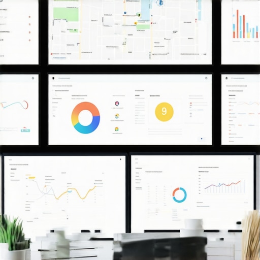 SEO Tools Workspace Multiple monitors displaying maps and analytics for local SEO management.