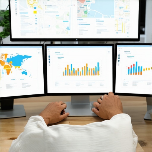 Person reviewing SEO analytics on computer screens with maps and graphs to optimize local search results.