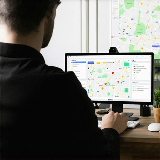 A person reviewing local SEO analytics with maps and optimization tools on a computer screen.