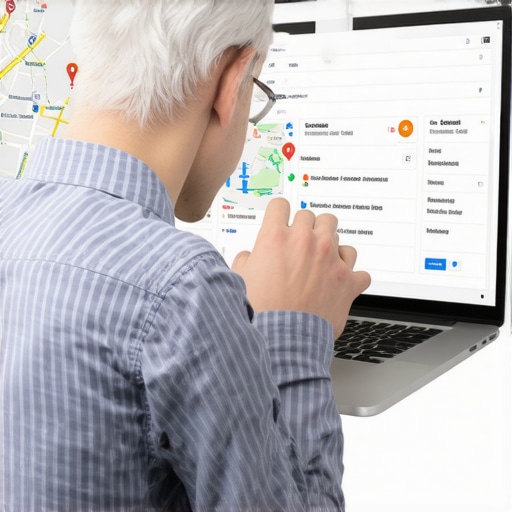 Person studying Google Maps data with SEO tools on laptop screen