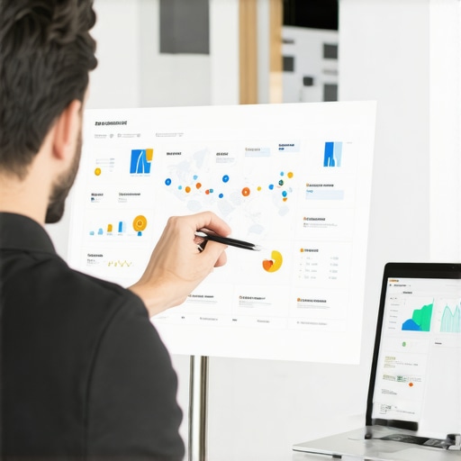 Business owner analyzing local SEO data on a computer, mapping out optimization steps.