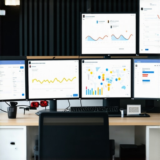Desk setup with SEO analytics and maps audit dashboards on screens.