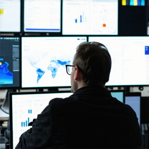 Analyzing Local SEO Data for Long-Term Success Digital marketer reviewing maps and SEO analytics on multiple monitors.