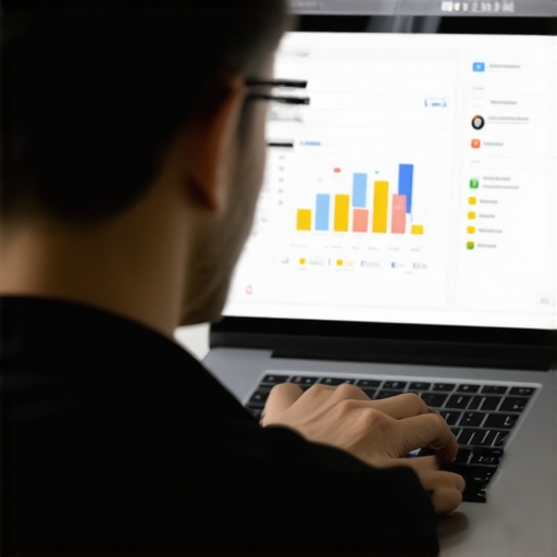 Business owner analyzing Google My Business profile on laptop, with audit tools and checklists.